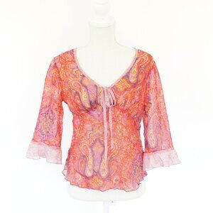 Vintage y2k pink colorful paisley print boho peasant top